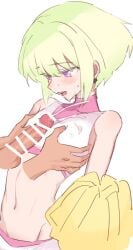 androgynous cheerleader cheerleader_uniform crossdressing cum cum_in_mouth femboy galo_thymos lio_fotia nipples_visible_through_clothing paizuri petite petite_body promare tight_clothing twink