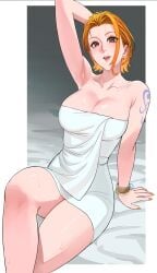 1female 1girls after_bath almost_nude armpits arms_behind_back blush breasts covering_breasts female female_only nami nami_(one_piece) one_arm_up one_piece orange_eyes orange_hair sexy_armpits sexy_pose short_hair showing_armpits sitting_on_bed slut smile smiling_at_viewer steam steaming_body steamy sweatdrop sweaty sweaty_body tattoo tattoo_on_arm tattooed_arm thick_legs thick_thighs thighs towel towel_only towel_wrap uukkaa water_drop white_towel wrapped