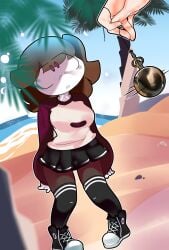 1girl 1girls 2020s arms_down beach big_eyes black_kneehighs black_shoes black_skirt blue_sky brown_hair candy_girl cute cute_face female gummy_creature hands_down happylikeawall happylikeawall_(artist) hypnosis kneehigh_socks kneehighs living_candy mind_control oc original_character pale-skinned_female pale_skin pale_skinned palm_tree palm_trees purple_eyes sand self_insert shoes stars swirly_eyes tilted_head toony watch water youtube youtube_avatar youtuber youtuber_girl