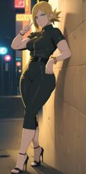 against_wall ai_generated angry artist_name artist_request ass black_pants black_shirt city_background conniexx feet heels jewelry medium_breasts naruto_(series) pointing stable_diffusion temari