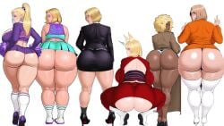 6girls ai_generated ass_focus big_female black_suit black_suit_jacket blonde_hair boots bunanza_ cheerleader cheerleader_uniform curvy_figure curvy_hips dark-skinned_fedark dark-skinned_female e edit edited female_only formal_wear fox_girl full_body group hourglass_figure huge_ass huge_butt light-skinned_female lined_up lineup long_legs messy_hair multiple_girls multiple_images orange_dress plump_ass plus_size presenting_ass ripped_pantyhose skirt slightly_chubby squatting thick_thighs trenchcoat wide_hips widescreen