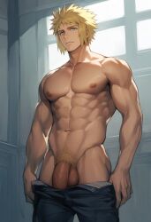 1boy abs ai_generated ai_golden_map balls biceps blonde_hair blonde_pubic_hair blue_eyes looking_at_viewer looking_down looking_down_at_viewer low-angle_view male male_focus male_only muscular muscular_arms muscular_chest muscular_male nipples novelai pants_down pecs penis pokemon pokemon_dppt pov pov_eye_contact pubic_hair serious solo solo_male standing topless undressing v-line volkner