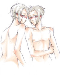 blush color emmet_(pokemon) grey_hair hair human ingo_(pokemon) male male_only nipples nude pokemon subway_boss tagme