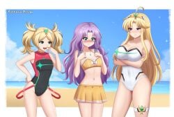 3girls alternate_costume beach bikini bikini_skirt black_one-piece_swimsuit black_swimsuit blonde_hair breasts clarisse_(fire_emblem) cleavage core_crystal cosplay covered_navel crossover fire_emblem fire_emblem:_new_mystery_of_the_emblem fire_emblem:_the_blazing_blade fire_emblem_awakening florina_(fire_emblem) green_eyes large_breasts lissa_(fire_emblem) mythra_(cosplay) navel nintendo one-piece_swimsuit outdoors patdarux purple_eyes purple_hair pyra_(cosplay) small_breasts strapless strapless_one-piece_swimsuit strapless_swimsuit swimsuit white_one-piece_swimsuit white_swimsuit xenoblade_(series) xenoblade_chronicles_2 yellow_bikini yellow_swimsuit