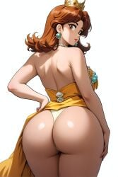 1girls ai_generated ass ass_focus crown dress dress_lift ear_piercing female female_only looking_back mario_(series) nintendo princess_daisy round_ass super_mario_land voluptuous voluptuous_female