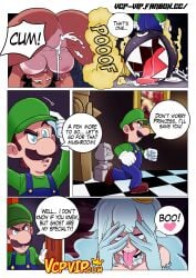 1boy 1girls anus ass boosette breasts chain_chomp chompette clothing comic cum cum_in_pussy dialogue female gansoman ghost ghost_girl gloves green_hat human humanoid large_breasts luigi male mario_(series) nintendo open_mouth pussy saliva tagme tanline tongue tongue_out vercomicsporno white_hair