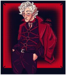 1boy artist_name artist_signature artist_tag astarion fully_clothed harness human_artist ichabod leather_harness male male_only no_ai red_jacket suit vampire