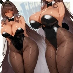 ai_generated big_breasts black_hair blush breasts breasts_bigger_than_head brown_eyes bunny_ears bunny_girl bunny_tail bunnysuit cleavage cosplay dark-skinned_female dark_hair dark_skin fishnets gigantic_breasts girl goddess_of_victory:_nikke hi_res high_resolution highres hollowbeak huge_breasts noir_(nikke) pantyhose shy tagme thighs