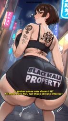 ai_generated big_breasts breasts clothing english_dialogue english_text female full_body huge_breasts interracial makoto_niijima mischievous_smile naughty_face night persona persona_5 persona_5_royal qos qos_tattoo queen_of_spades street tagme tattoo tattooed_arm tattoos thick_ass thick_thighs