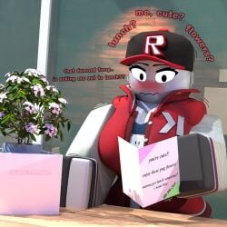 1girls 3d big_breasts blush breasts breasts_bigger_than_head card cleavage english_text flowers freckles gloves hat letterman_jacket nearlyepoint red_jacket roblox robloxian rubensim rule_63 solo tagme text valentines_day_card vase wavy_mouth wholesome youtube youtuber