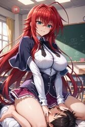 1boy 1girls ai_generated artsbuyu bangs blue_eyes blush capelet cheating collared_shirt facesitting feet hair_between_eyes hi_res high_school_dxd large_breasts long_hair long_sleeves looking_down male naughty_face red_hair rias_gremory school_uniform schoolgirl sidelocks sitting_on_face skirt smile stable_diffusion uniform white_shirt