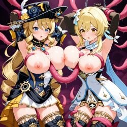 2girls ai_generated blonde_hair blowjob blue_eyes bondage boobjob breasts breasts_out bukkake chained chains cooperative_paizuri cum cum_on_breasts double_paizuri fellatio female flower flower_in_hair genshin_impact hair hat long_hair lumine_(genshin_impact) multiple_paizuri navia_(genshin_impact) oral paizuri restrained ripped_clothing submissive submissive_female tentacle tentacle_bondage titjob vaginal_penetration yellow_eyes