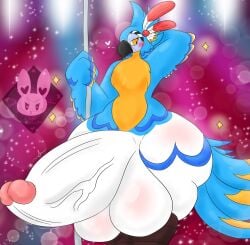 anthro avian balls beak big_balls big_penis bird blue_body feathers genitals hi_res huge_balls huge_cock lewdchuu_(artist) male penis pole solo thick_thighs vein veiny_penis yellow_eyes