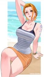 1boy 1female 1girls 1male armpits arms_behind_back arms_up beach blush breasts female female_only looking_at_viewer nami nami_(one_piece) one_arm_up one_piece orange_eyes orange_hair perfect_body sexy_armpits sexy_pose short_hair showing_armpits skirt slut smile sweat sweatdrop sweaty sweaty_armpits sweaty_body sweaty_breasts sweaty_legs tattoo tattoo_on_arm tattooed_arm thick_legs thick_thighs thighs tongue uukkaa water_drop
