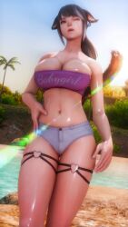 babygirl big_breasts catgirl feline final_fantasy_xiv gpose(ffxiv) miqo'te oiled pale-skinned_female plump shiny_skin sunlight teasing thick_thighs