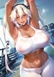 1girls ai_generated armpits arms_up blush breasts depressu exercise glasses gym gym_uniform hair_between_eyes kantai_collection large_breasts long_hair looking_at_viewer musashi_(kantai_collection) navel open_mouth red_eyes see-through smile solo sweat twintails