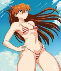 1girls alternate_costume alternate_version_available asuka_langley_sohryu bikini bikini_bottom bikini_top blue_eyes bottomwear breasts cleavage female female_only gez1313 hair hands_on_hips long_hair medium_breasts neon_genesis_evangelion orange_hair red_bikini solo solo_female striped_bikini swimwear thighs topwear