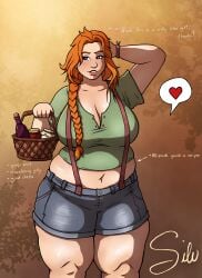 1girls chubby chubby_female chubby_thighs cleavage female female_only huge_breasts human leah_(stardew_valley) revealing_clothes silverpathfinder solo solo_female standing stardew_valley text thick_thighs