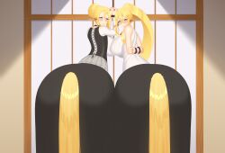 2girls arms_tied arms_tied_behind_back blacksaikou blonde_hair blonde_tail blue_eyes blush blushing bound centaur centorea's_mother centorea_shianus cheating clothed clothing large_breasts long_hair looking_back monster_girl monster_musume_no_iru_nichijou mother_and_daughter multiple_girls rear_view tagme