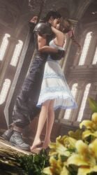 1boy 1girls 3d aerith_gainsborough arms_around_neck black_hair blender braid braided_ponytail brown_hair buster_sword canon_couple closed_eyes couple crisis_core_final_fantasy_vii day dress embrace female final_fantasy final_fantasy_vii final_fantasy_vii_remake flower flowers fully_clothed gloves hairbow highres hug indoors kissing long_hair love male male/female ria-neearts standing_on_tip_toes sword wholesome yellow_flower zack_fair