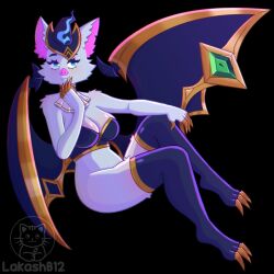 anivia anthro bat bat_humanoid bat_wings batnivia big_breasts blue_eyes clawed_fingers claws cleavage fangs female female_only fur green_gem grey_fur harrowing_series hat lakashb12 league_of_legends pink_nose purple_clothing riot_games simple_background smile solo tales_from_the_rift_series thigh_highs thighhighs topwear