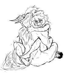 1boy 1boy1girl 1girls ambiguous_penetration arms_around_partner black_and_white eclair_(spicymancer) female fucked_silly glasses hand_on_horn horns_and_hooves long_hair male monochrome satyr sex spicymancer straight sweat tail