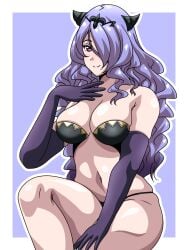 1girls bare_midriff bare_thighs black_bra black_panties bra breasts camilla_(fire_emblem) elbow_gloves female female_only fire_emblem fire_emblem_fates gloves hair_over_one_eye hand_on_own_chest hand_on_own_thigh horns inabakun00 long_hair looking_at_viewer medium_breasts midriff navel nintendo panties pink_eyes purple_hair sitting smile solo thighs underwear very_long_hair