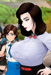 2girls age_difference belt big_breasts bioshock bioshock_infinite black_skirt blue_choker blue_eyes blue_skirt breast_awe breasts brown_hair brunette_hair choker collared_shirt elizabeth_comstock expressions eyelashes female female_only fenixman12 fully_clothed hand_on_hip huge_breasts large_breasts long_hair looking_at_another's_breasts looking_at_breasts looking_down massive_breasts medium_breasts multiple_girls open_mouth pale_skin ponytail red_belt red_lipstick shocked shocked_expression standing teeth white_shirt