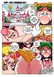 1boy 1girls anus ass blonde_hair blowjob blue_eyes bowsette comic crown cum dialogue ejaculation english_text female gansoman horn horn_grab human humanoid luigi male mario_(series) nintendo nude nude_female nude_male open_mouth oral_sex orgasm orgasm_face penis pussy straight sun tongue tongue_out vercomicsporno