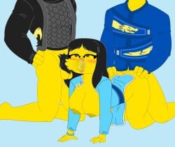 1girls 2boys affectionate black_hair blowjob blush breasts breasts_out cole_(ninjago) doggy_style duchess_pixal faceless_male hands_on_ass hands_on_hips jay_(ninjago) large_areolae large_breasts large_penis march_of_the_oni_(ninjago) mesmerized ninjago ninjago:_legacy nya_(ninjago) penile_penetration penis pubic_hair sharing_partner