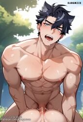 1boy ai_generated anal black_hair cum gay genshin_impact kangmzze male male_focus male_only muscular muscular_male penis solo_male wriothesley_(genshin_impact) yaoi