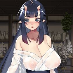 areolae areolae_visible_through_clothing averting_eyes bare_shoulders black_eyes black_hair blush cleavage color embarrassed embarrassed_female exposed_breasts eyebrows_visible_through_hair female female_focus female_only game_cg harami_oni_~kichiku_igyou_ni_juurin_sareru_kyonyuu_oni_musume~ hikimayu horn horns huge_breasts indoors izumi_(harami_oni) kamaboko_(ossann0125) kimono kimono_down long_hair looking_away nipples nipples_visible_through_clothing off_shoulder oni oni_female oni_horns open_mouth pointy_ears sagging_breasts saggy_breasts see-through see-through_clothing see-through_kimono slim slim_female slim_girl small_horns thick_eyebrows transparent_clothing upper_body upper_teeth upper_teeth_only waist_band waist_belt