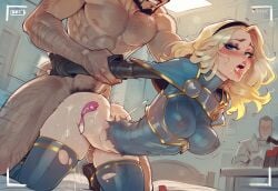 1girls 2boys ai_generated arms_behind_back bent_over big_ass blonde_hair blue_eyes bodysuit dark-skinned_male doggy_style female league_of_legends luxanna_crownguard male moaning nipples_visible_through_clothing novelai recording saliva sex_from_behind small_breasts thick_thighs used_condom viewfinder