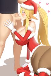 1boy 1girl blacksaikou breasts centaur centorea_shianus huge_breasts massive_penis monster_girl monster_musume_no_iru_nichijou oral penis santa_costume tagme