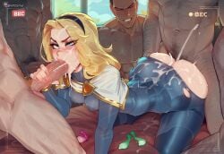 1girls 5boys ai_generated bent_over big_ass blonde_hair blue_eyes bodysuit cum_in_mouth cum_on_ass cum_on_face dark-skinned_male doggy_style female league_of_legends luxanna_crownguard male moaning novelai recording saliva sex_from_behind small_breasts spitroast thick_thighs viewfinder