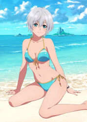 1girls string_bikini kikuchi_fuuka short_hair medium_breasts cleavage beach sitting looking_at_viewer