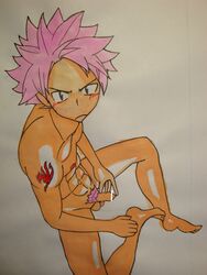 abs balls blush blushing boner censor_bar censored color colored erection fairy_tail frown male male_only male_pubic_hair naked natsu_dragion natsu_dragneel nude penis pink_hair pointless_censoring pubic_hair solo tagme unknown_artist