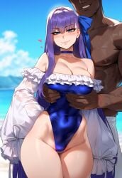 1boy 1girls ai_generated alternate_breast_size artstyle_imitation beach bikini blue_eyes breasts dark-skinned_male dark_skin fate/grand_order fate_(series) female floox high_resolution interracial large_breasts light-skinned_female light_skin long_hair male meltryllis meltryllis_(swimsuit_lancer)_(fate) naughty_face outdoors purple_hair smile stable_diffusion thiccwithaq_(ai_style) thick_thighs wide_hips