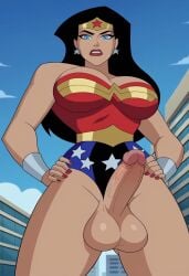 1futa ai_generated balls big_balls big_breasts black_hair blue_eyes breasts cartoon city dc_comics erect_penis erection futa_only futa_sans_pussy futanari huge_cock justice_league_unlimited legs solo superheroine wonder_woman wonder_woman_(series)