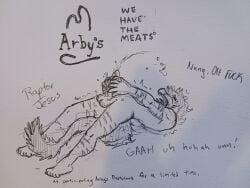 absurd_res anthro arby's balls bodily_fluids burger cum cum_in_food dinosaur dromaeosaurid ejaculation english_text food food_fetish food_penetration food_play genital_fluids genitals goodbye_volcano_high hi_res humor improvised_sex_toy male masturbation nude penis ponyquarantine prehistoric_species reed_(gvh) reptile scalie solo text theropod thrusting traditional_media_(artwork) velociraptor