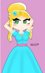 blue_dress brawl_stars bun green_ green_eyes multikitty piper_(brawl_stars) sfw yellow_hair