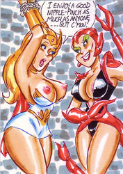 2girls big_breasts bondage breasts clothed clothing english english_dialogue english_text female female_focus female_only joe_gravel masters_of_the_universe multiple_girls nipples princess_adora scorpia_(she-ra) she-ra she-ra_princess_of_power speech_bubble yuri