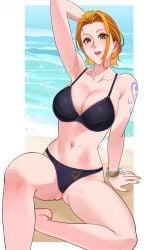 1female 1girls armpits arms_behind_back arms_up beach bikini bikini_bottom bikini_top black_bra black_panties black_underwear blush breasts female female_only looking_at_viewer nami nami_(one_piece) one_arm_up one_piece open_legs orange_eyes orange_hair perfect_body sexy_armpits sexy_pose short_hair showing showing_armpits showing_panties showing_pussy slut smile sweat sweatdrop sweaty sweaty_armpits sweaty_body sweaty_breasts sweaty_legs tattoo tattoo_on_arm tattooed_arm thick_legs thick_thighs thighs tongue uukkaa waist water_drop