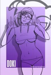 bare_midriff braid braided_hair braided_twintails braids crop_top dokkaebi_(rainbow_six) glasses half-dressed half_clothed half_dressed half_naked half_nude nipples_visible_through_clothing no_sex panties peace_sign rainbow_six rainbow_six_siege showing_tongue tagme thespritelynfaun tongue_out ubisoft