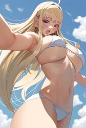 :d absurdres ahoge akihiro0920 bikini blonde_hair blue_sky blush breasts cloud commentary_request day dosanko_gal_wa_namaramenkoi female fuyuki_minami grey_eyes hair_intakes highres large_breasts long_hair looking_at_viewer navel outdoors outstretched_arm sidelocks sky smile solo standing swimsuit underboob very_long_hair white_bikini