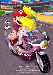 1boy 1girls bent_over biker_peach blonde_hair blue_eyes blush bodysuit clothed_sex clothing doggy_style female hi_res hotdesigns2 human legs looking_back male mario mario_(series) multitasking open_mouth pale_skin pants_pull ponytail princess_peach sex sex_from_behind tagme thighs vaginal vaginal_penetration