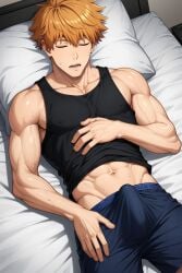 1boy ai_generated blue_lock cum gay ginger ginger_hair hatopo005 kunigami_rensuke male male_focus male_only muscular muscular_male penis solo_male yaoi