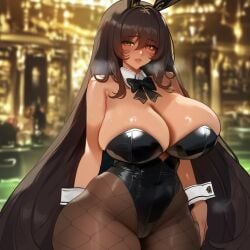 ai_generated big_breasts black_hair blush breasts breasts_bigger_than_head brown_eyes bunny_ears bunny_girl bunny_tail bunnysuit cleavage cosplay dark-skinned_female dark_hair dark_skin fishnets gigantic_breasts girl goddess_of_victory:_nikke hi_res high_resolution highres hollowbeak huge_breasts noir_(nikke) pantyhose shy tagme thighs