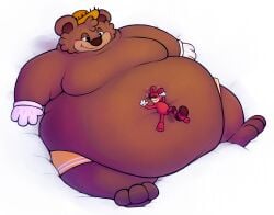 anthro bear big_belly brown_body brown_fur clothing duo fur gloves handwear hi_res hug male mammal naked nude overweight procyonid raccoon red_body red_fur size_difference toontown_corporate_clash toontown_online toony toony_eyes ultimateotterpand