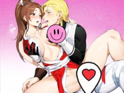 1boy 1girl andy_bogard artist_request asian_female bangs blonde_hair blue_eyes blush breast_grab breasts brown_eyes brown_hair caucasian_male cleavage clothing crossover emoji eye_contact fatal_fury female gloves grabbing groping heart high_ponytail implied_sex interracial king_of_fighters large_breasts long_hair looking_at_another mai_shiranui male multiple_girls no_bra open_mouth pelvic_curtain ponytail revealing_clothes sash sitting sitting_on_lap sitting_on_person spoken_heart spread_legs straight sweat tagme thighs tied_hair white_body white_male white_male_asian_female white_skin